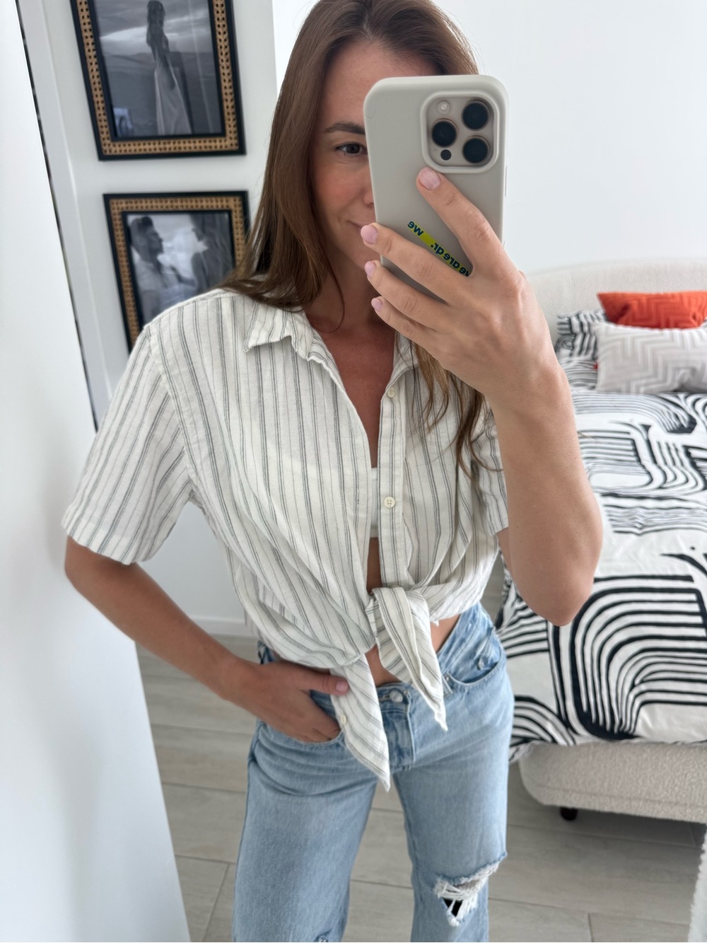 Zara White and Gray Striped Tie-Front Button Shirt